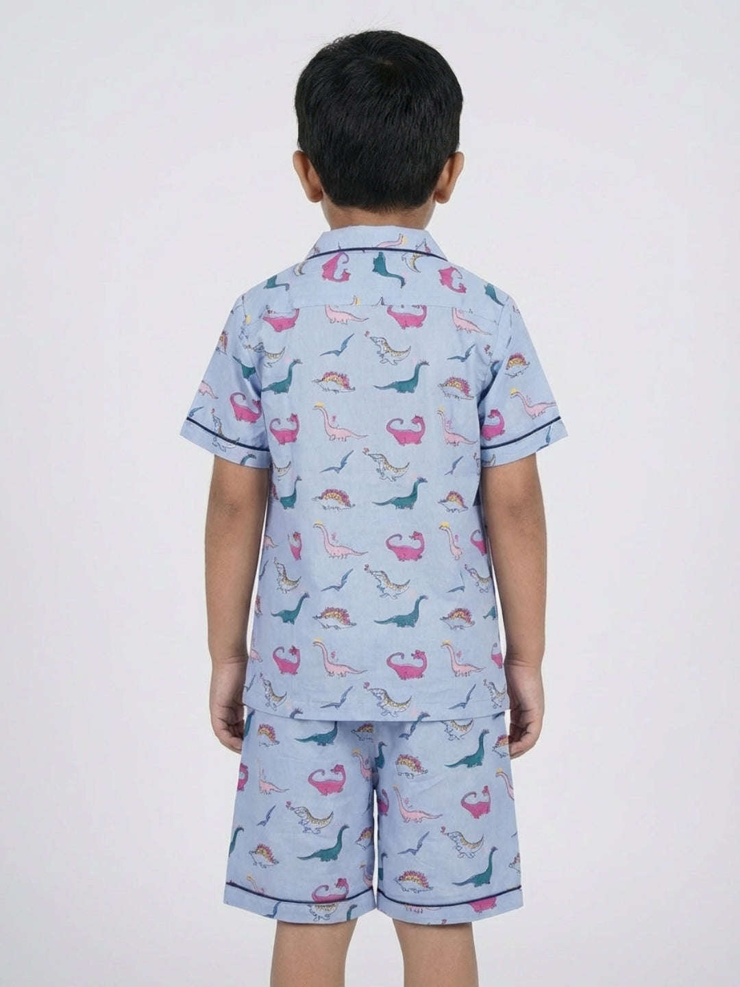 Biglilpeople Boys Dino Printed Blue Color Pure Cotton Short Sleeves Shirt & Shorts Nightsuit
