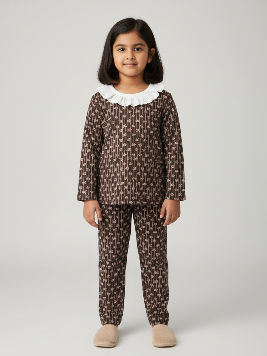 Biglilpeople Girls Brown Printed Cotton Night Suit with Lace Collar