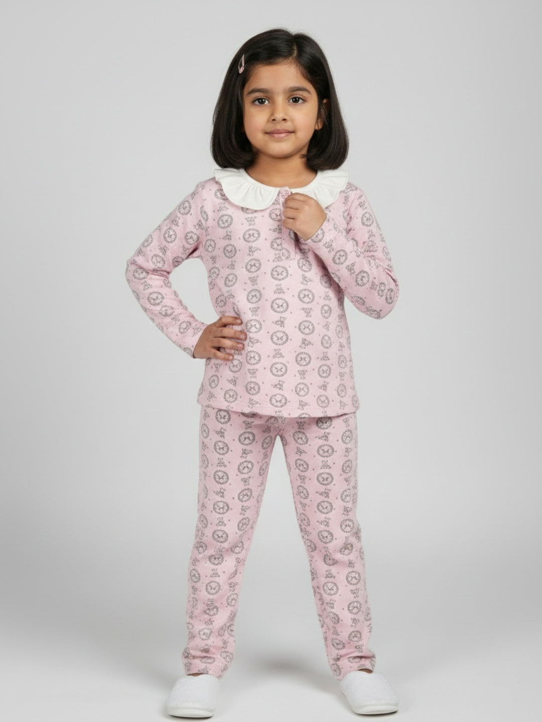 Biglilpeople Girls Pink Printed Cotton Night Suit with White Collar