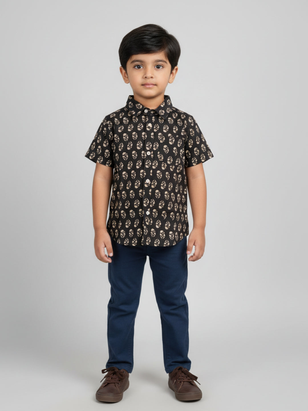 Biglilpeople Boys Black Desi Linen Print Pure Cotton Spread Collar Shirt