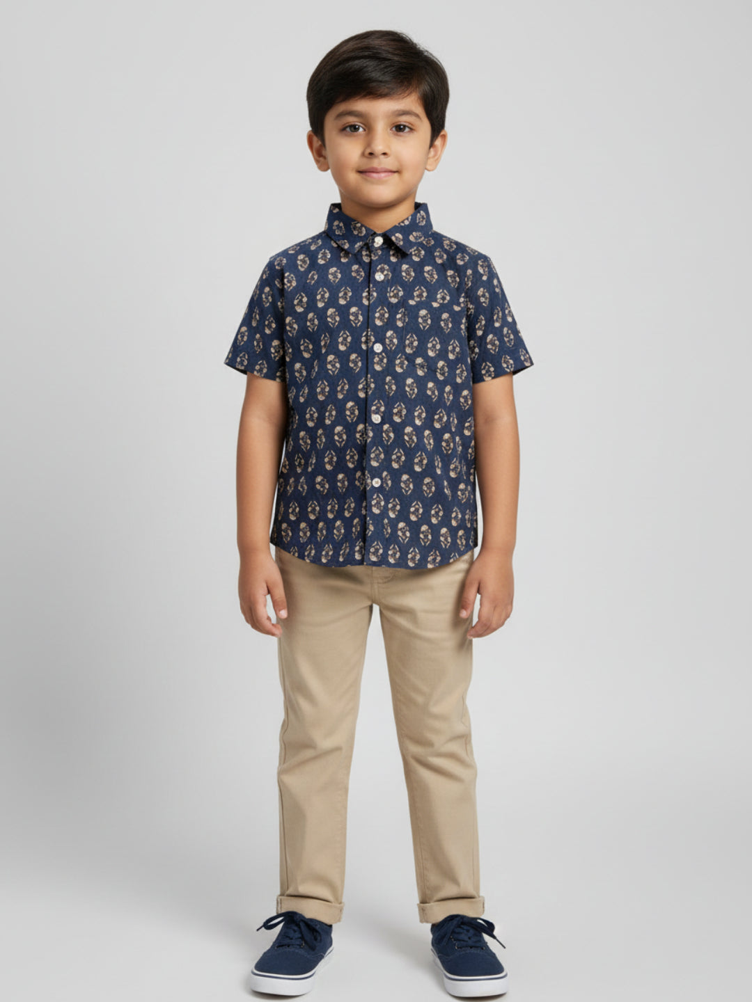 Biglilpeople Boys Blue Desi Linen Print Pure Cotton Spread Collar Shirt