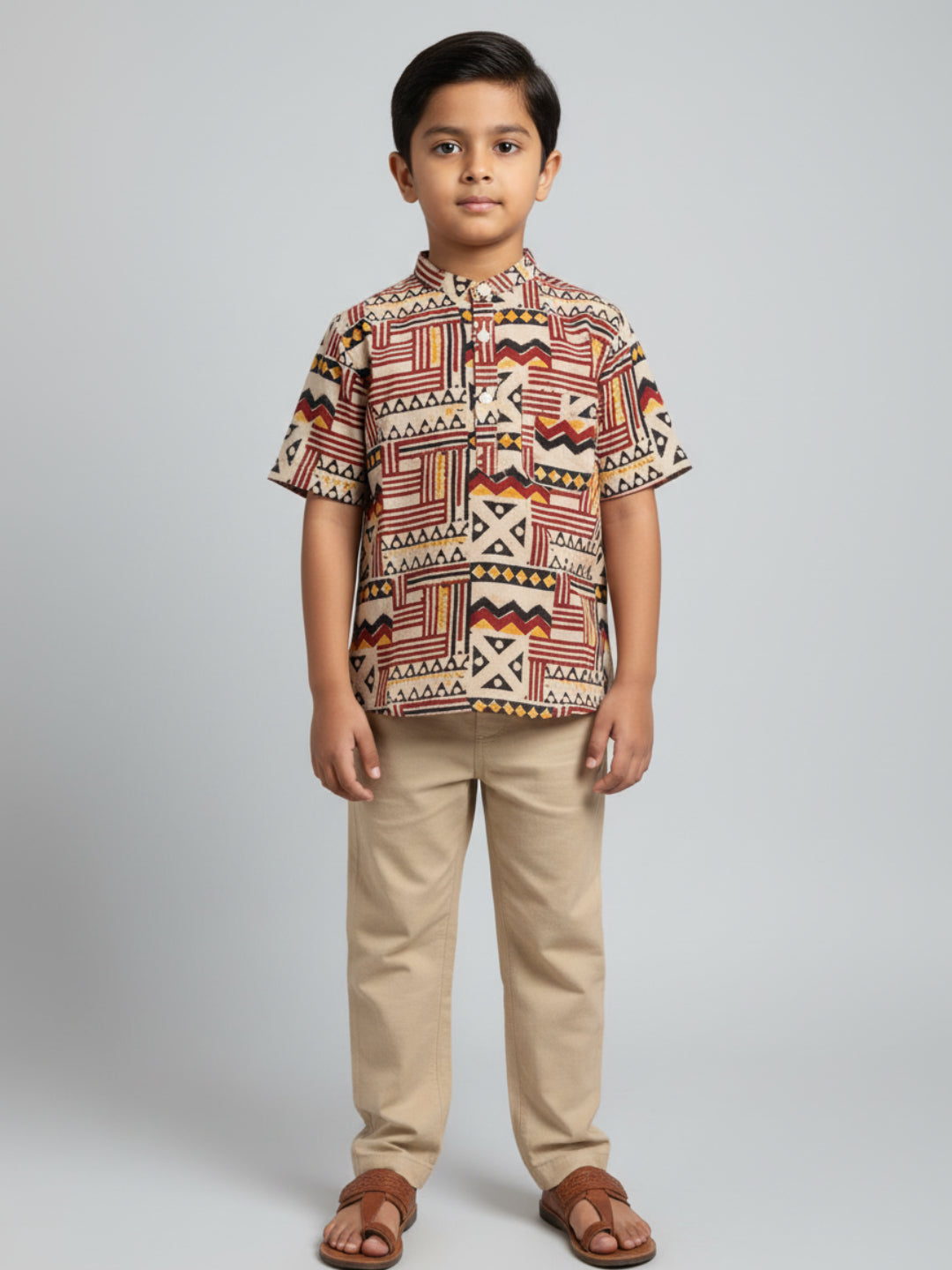 Biglilpeople Boys Red & Black Kalamkari Print Pure Cotton Mandarin Collar Shirt