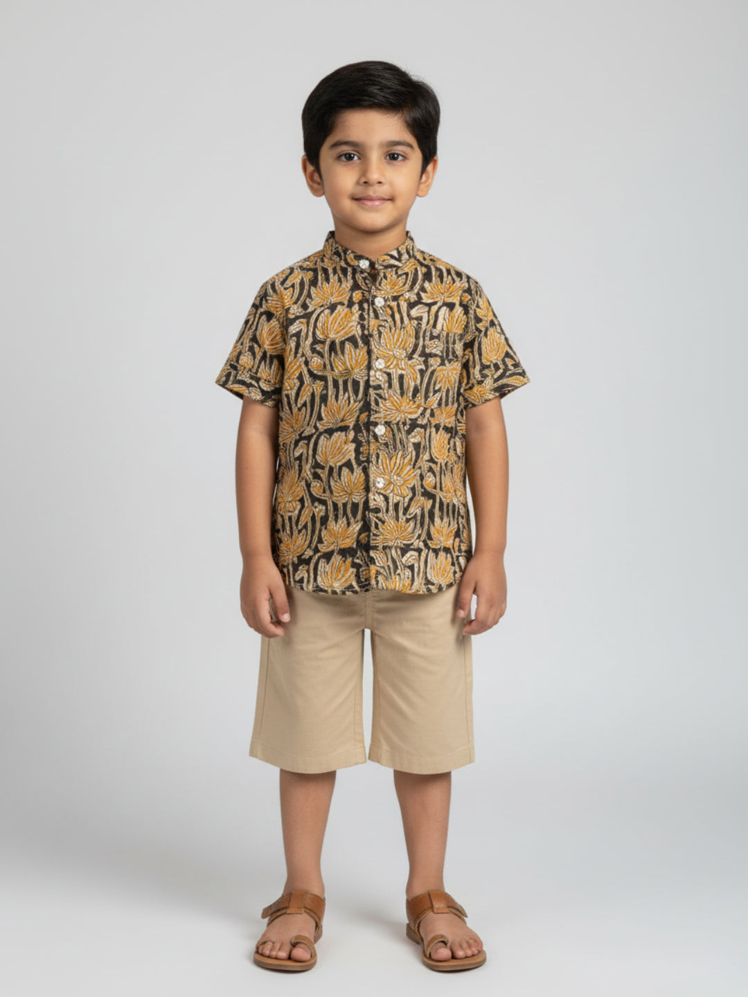 Biglilpeople Boys Yellow & Black Kalamkari Print Pure Cotton Mandarin Collar Shirt
