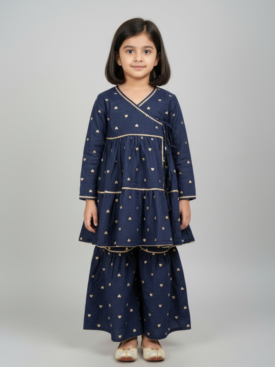 Biglilpeople Girls Heart Printed Angrakha Kurta and Sharara Set