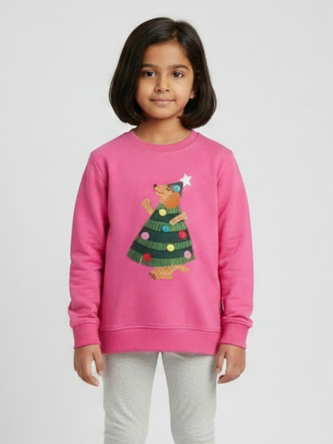 Girls Pink Christmas Tree Bear Winter Festive Sweatshirt