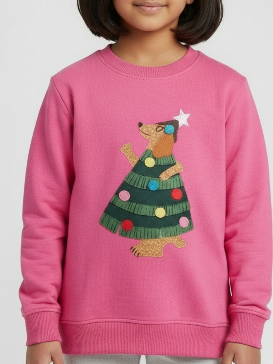 Girls Pink Christmas Tree Bear Winter Festive Sweatshirt