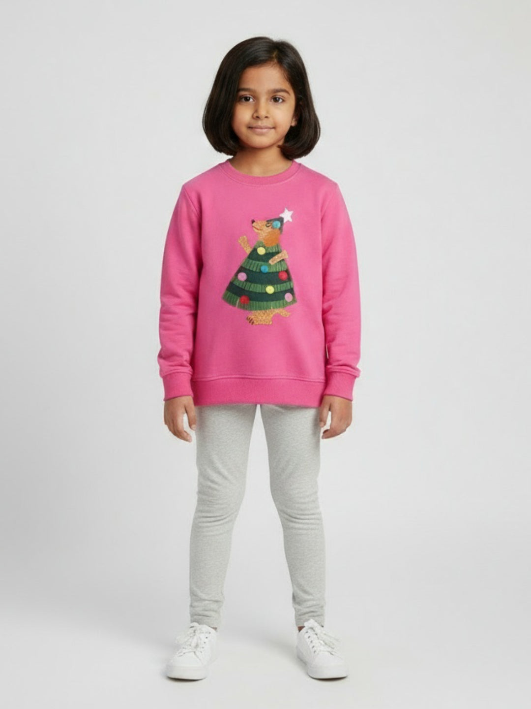 Girls Pink Christmas Tree Bear Winter Festive Sweatshirt