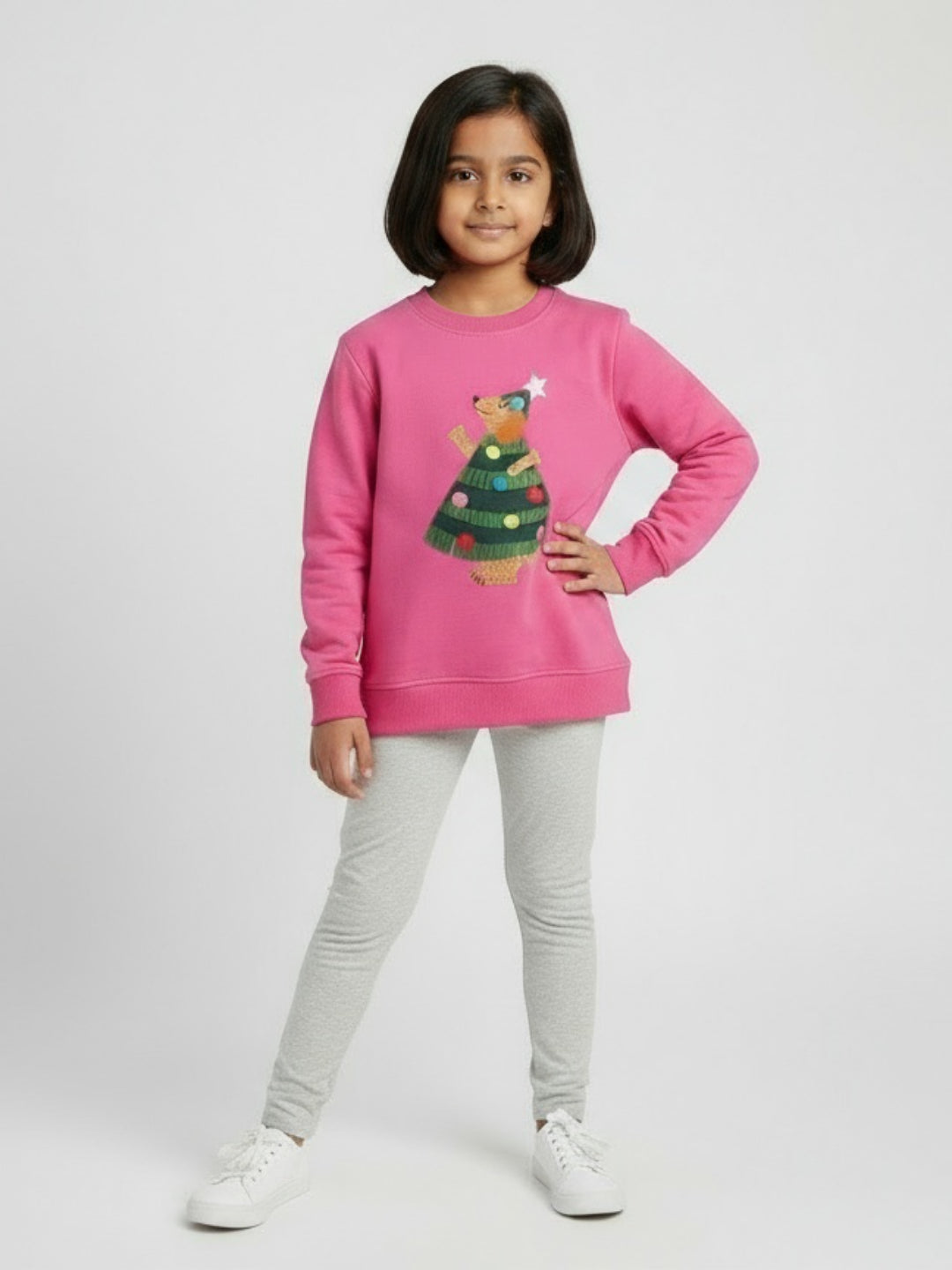 Girls Pink Christmas Tree Bear Winter Festive Sweatshirt