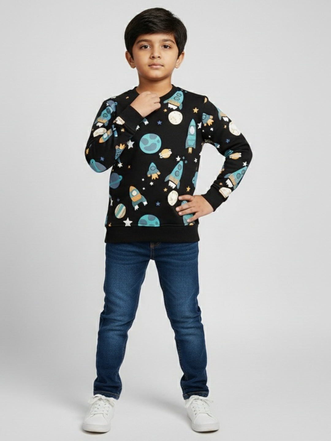 Boys Black Space Print Rocket & Planet Design Winter Sweatshirt