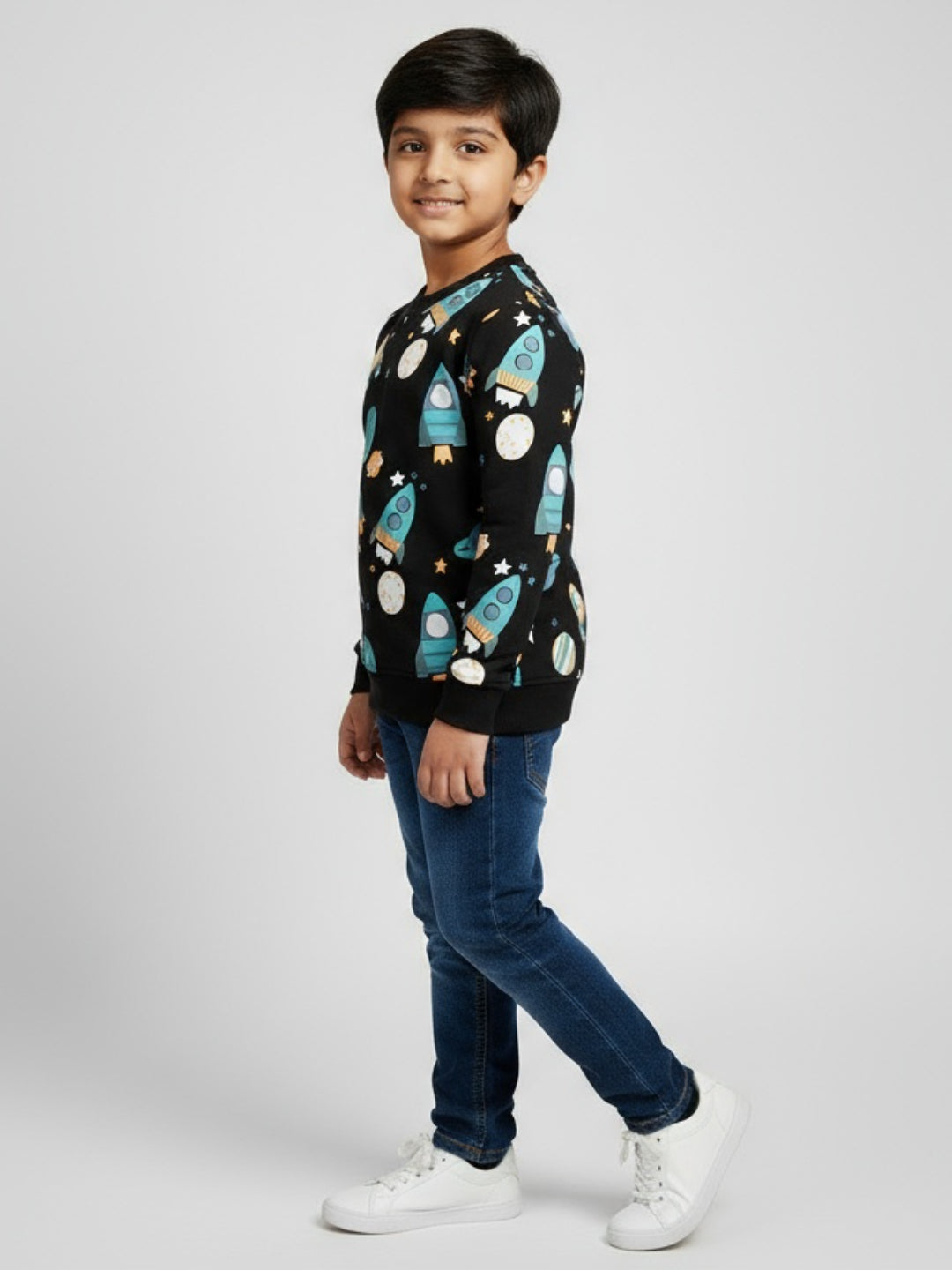 Boys Black Space Print Rocket & Planet Design Winter Sweatshirt