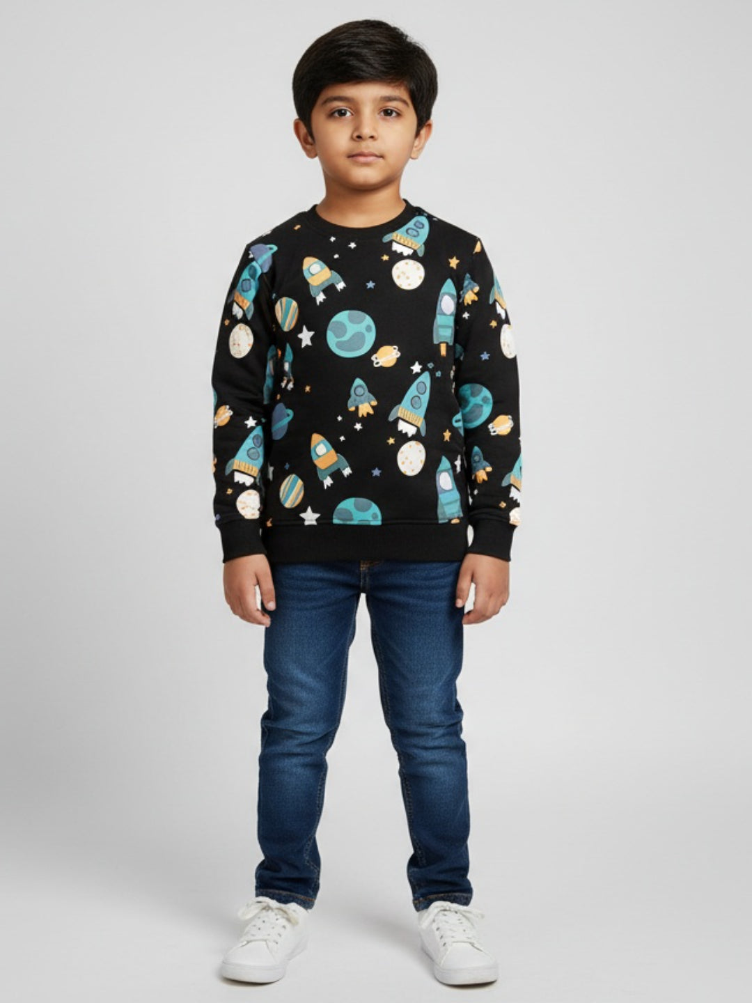 Boys Black Space Print Rocket & Planet Design Winter Sweatshirt