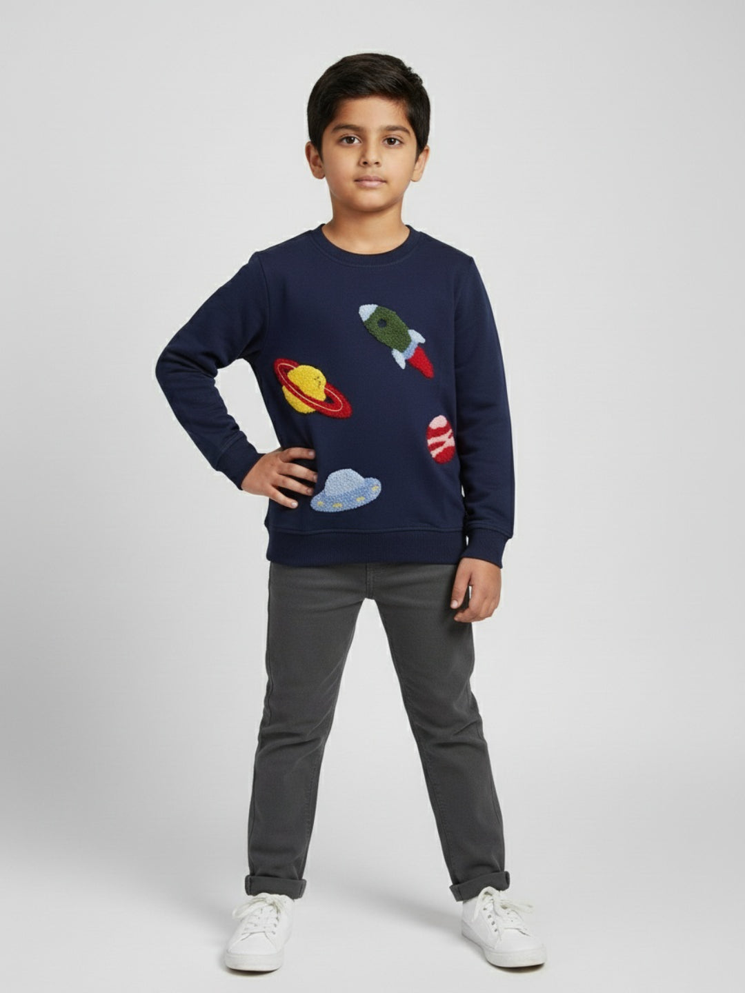 Biglilpeople Space Embroidered Dark Blue Sweatshirt