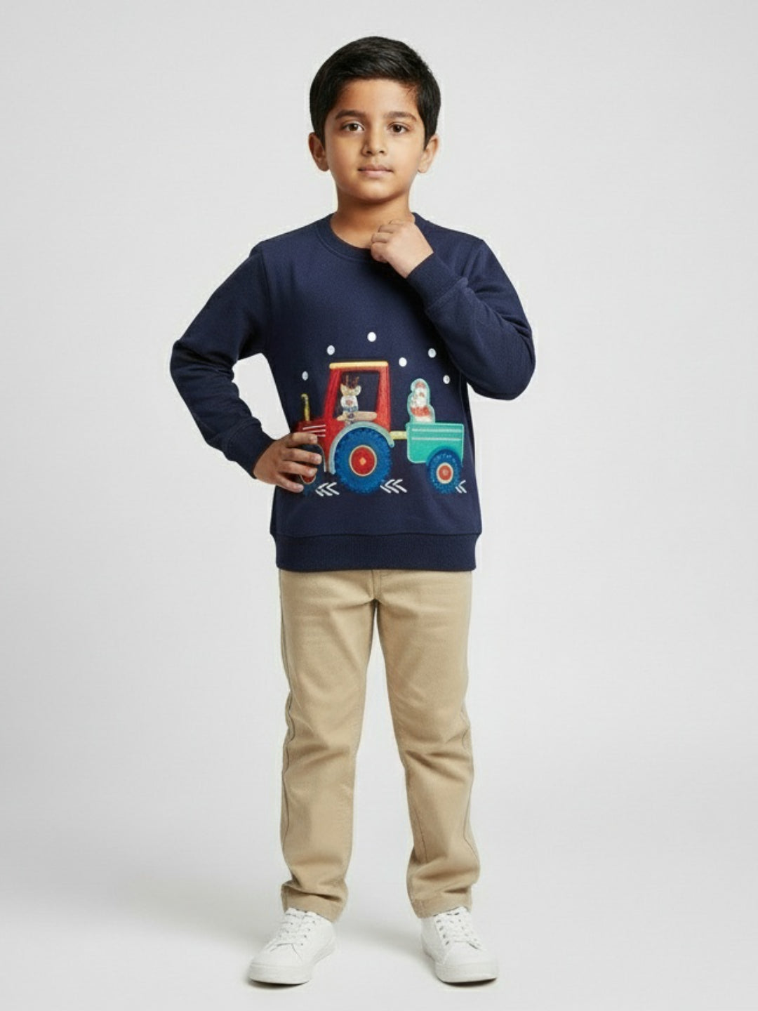 Boys Navy Blue Tractor Print Winter Sweatshirt