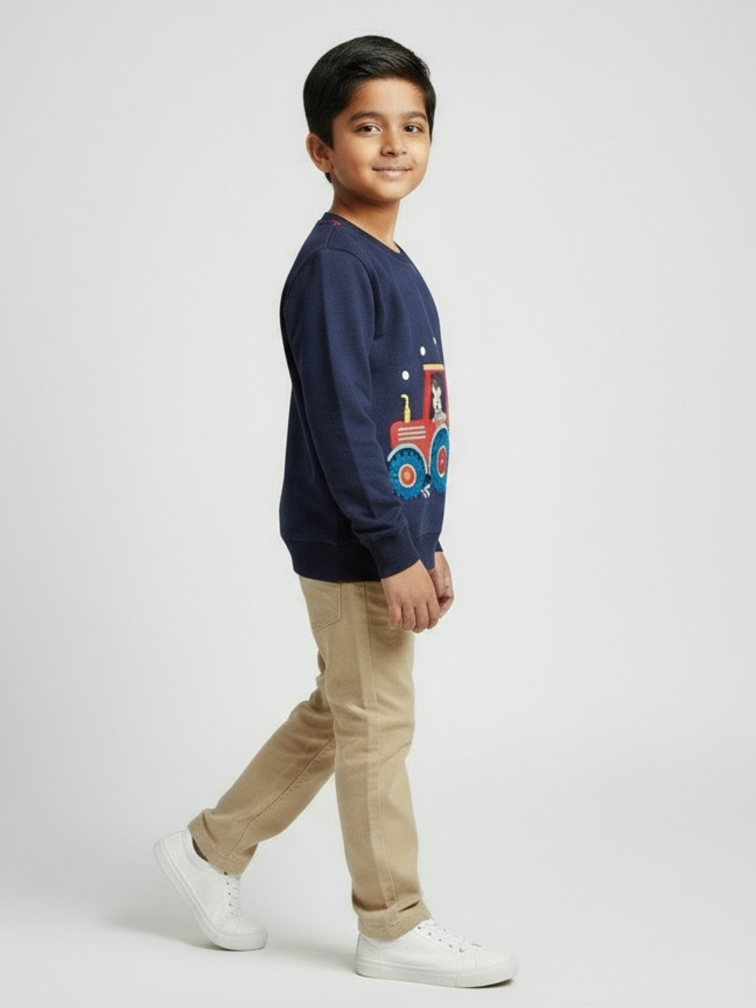 Boys Navy Blue Tractor Print Winter Sweatshirt