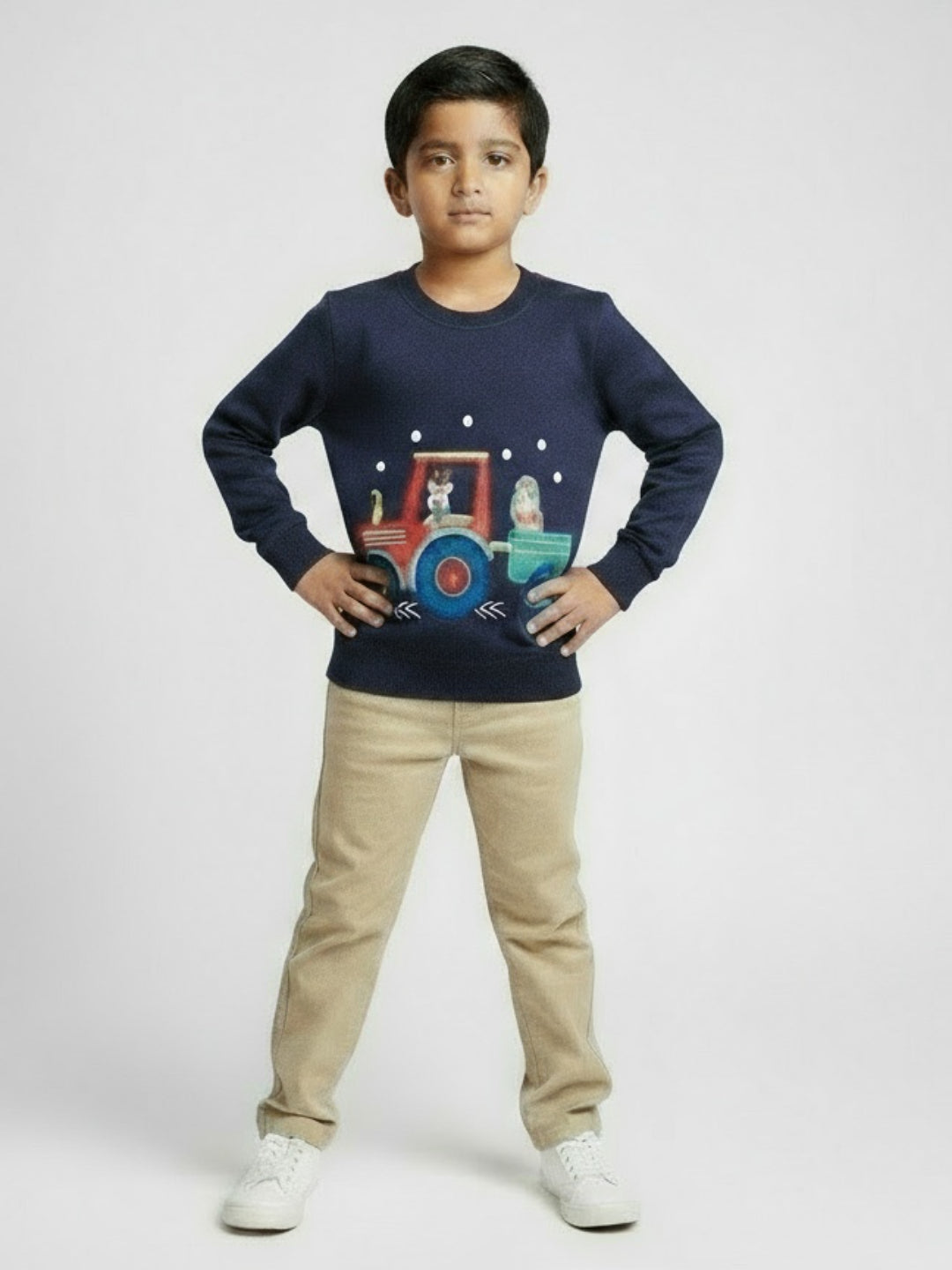 Boys Navy Blue Tractor Print Winter Sweatshirt
