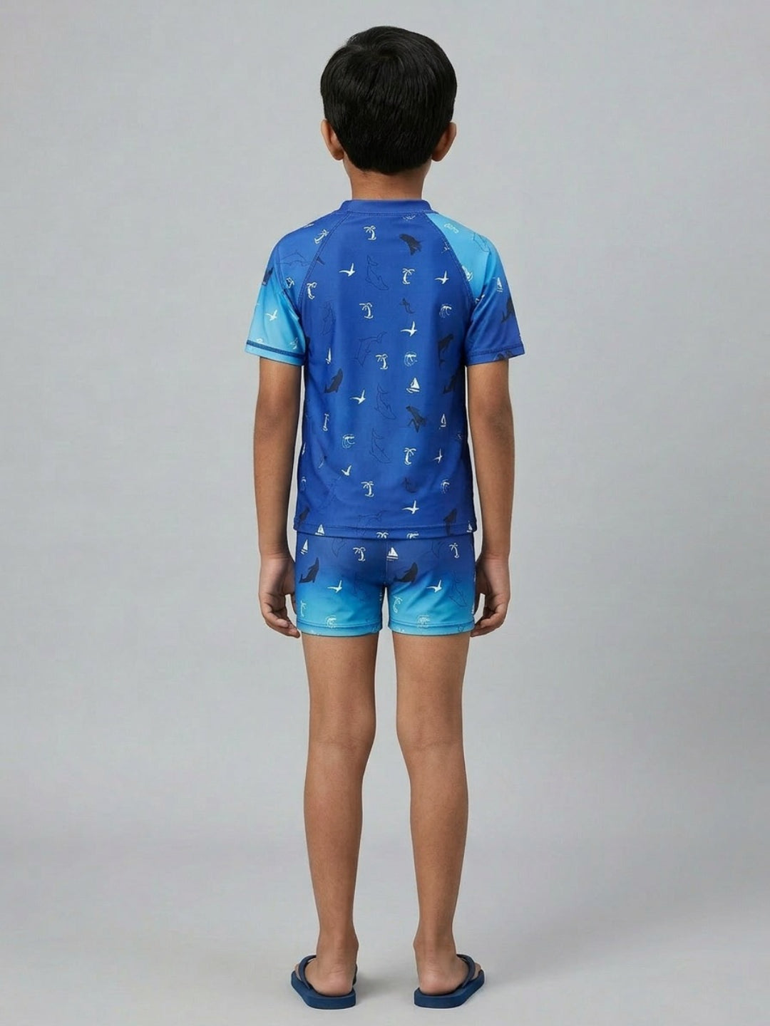 Biglilpeople Boys Blue Graphic Print Round Neck Short Sleeves Two-Piece Swimsuit Set