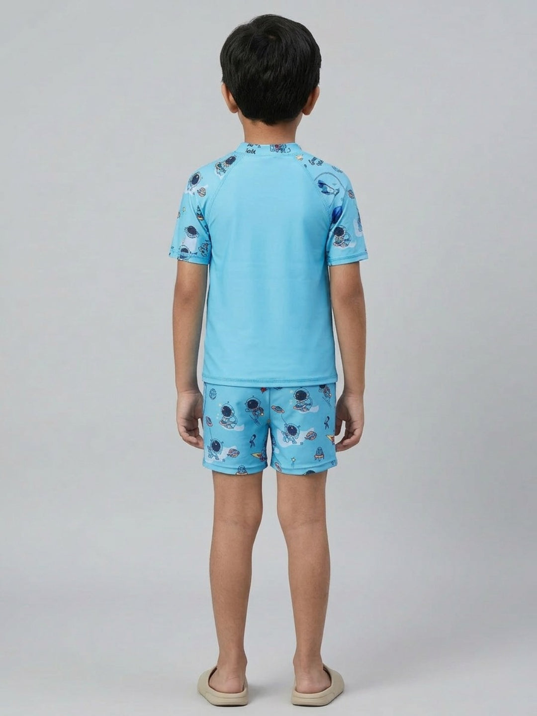 Biglilpeople Boys Aqua Graphic Print Round Neck Short Sleeves Two-Piece Swimsuit Set