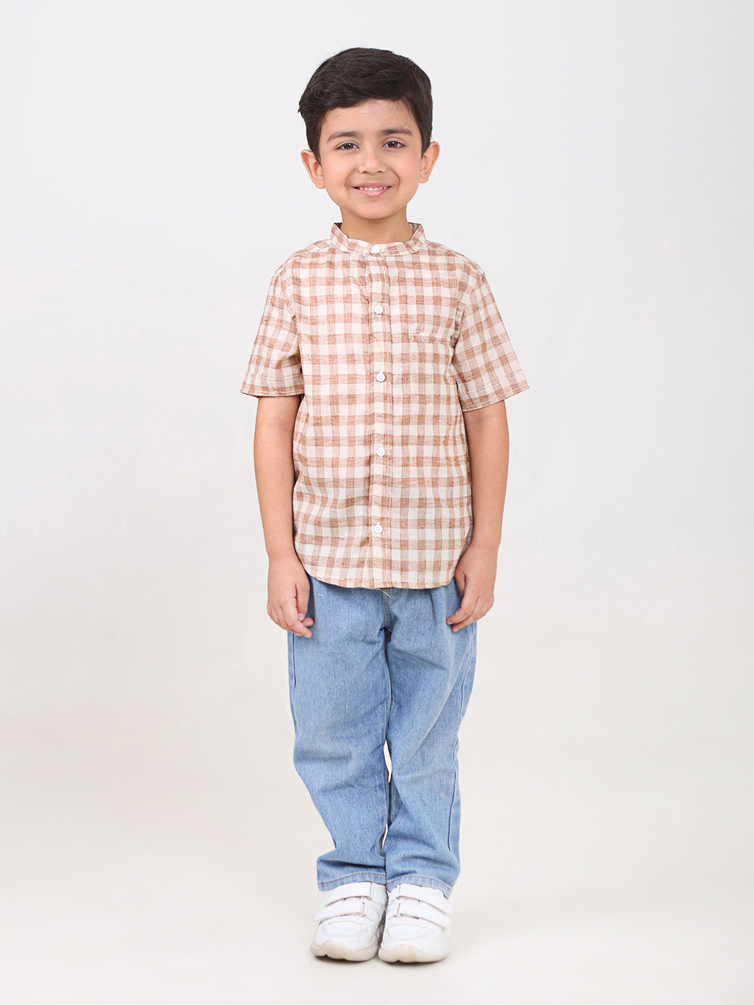 Boys Cotton Half Sleeves Mandarin Collar Shirts (Brown)