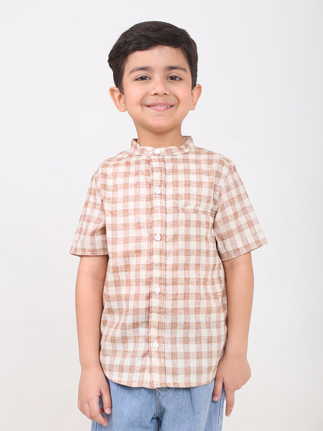 Boys Cotton Half Sleeves Mandarin Collar Shirts (Brown)