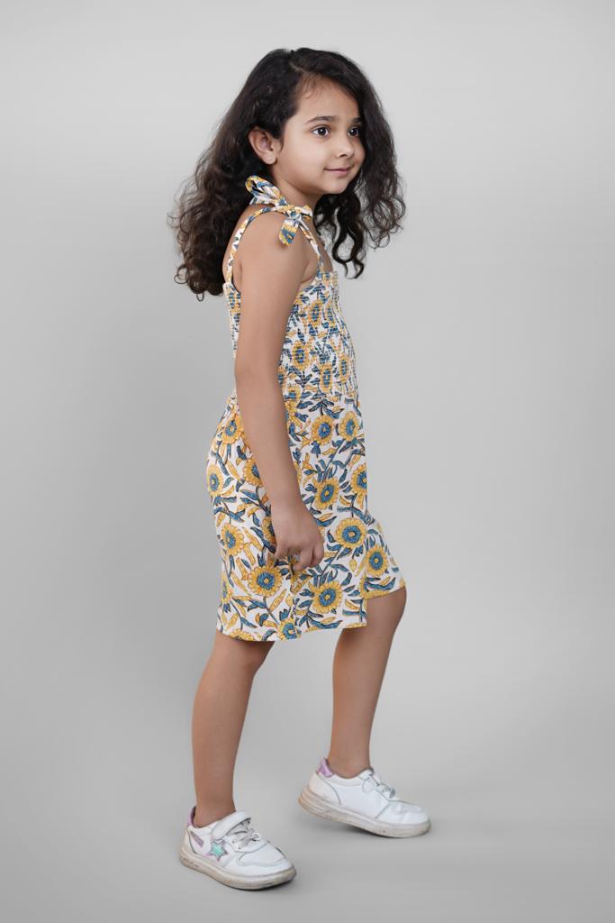 Yellow Floral Print Jumpsuit for Girls