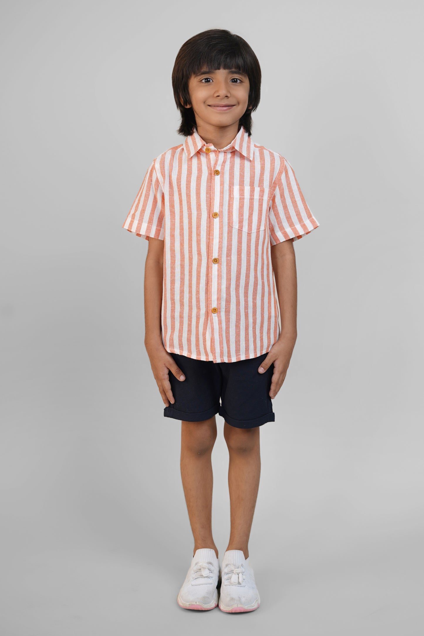 Spread Collar Striped Linen Shirt For Boys - Orange