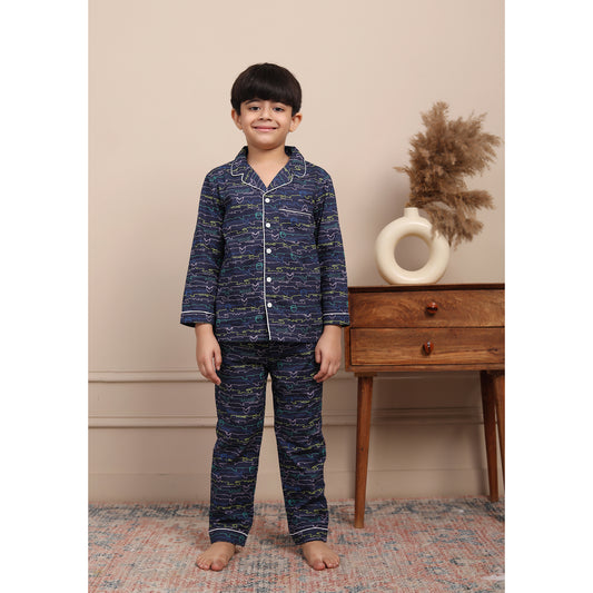 Notched Collared Night Suit - Navy