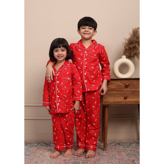 Notched Collared Night Suit - Red