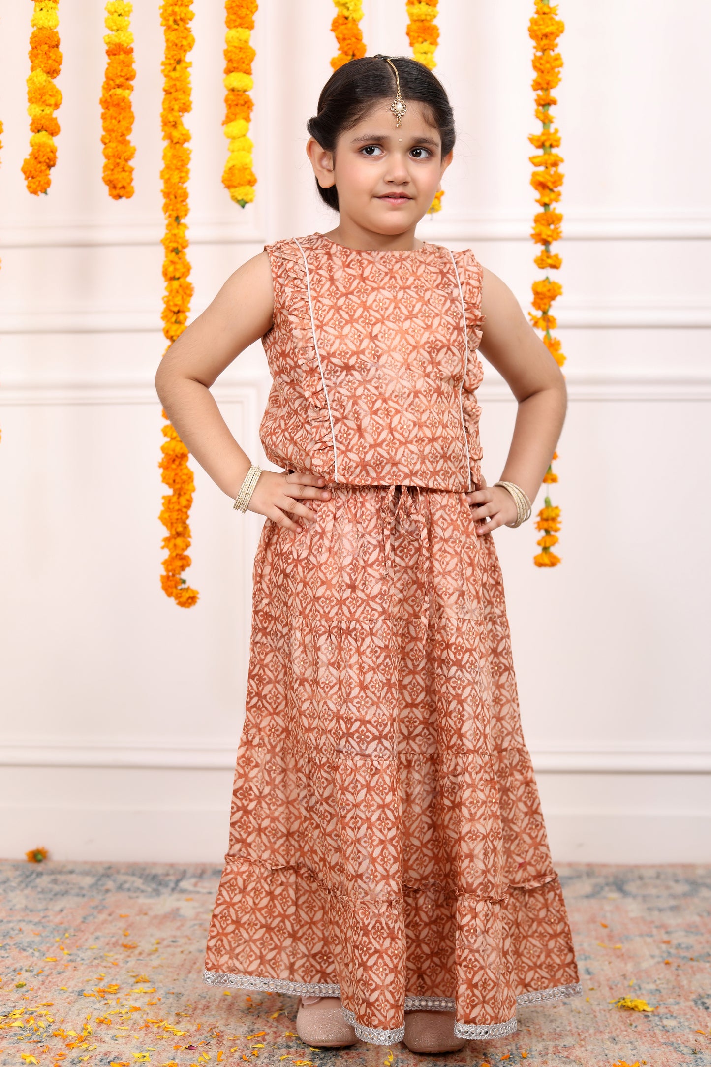 Girls Lehenga Set in Mulmul Cotton - Rust Brown