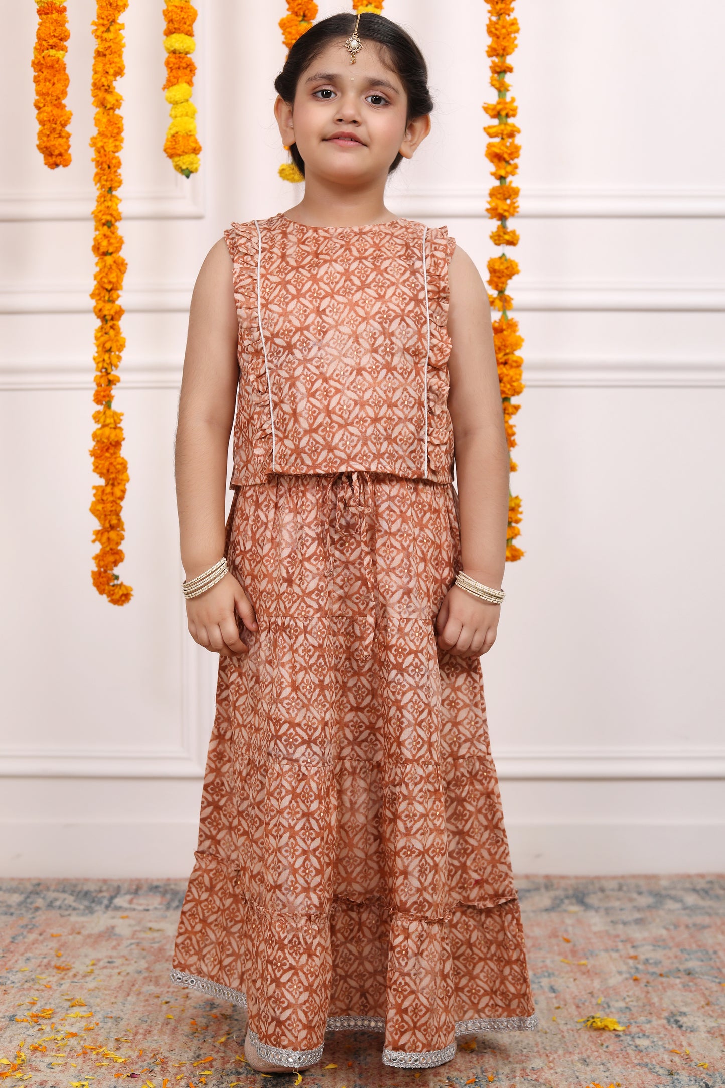 Girls Lehenga Set in Mulmul Cotton - Rust Brown
