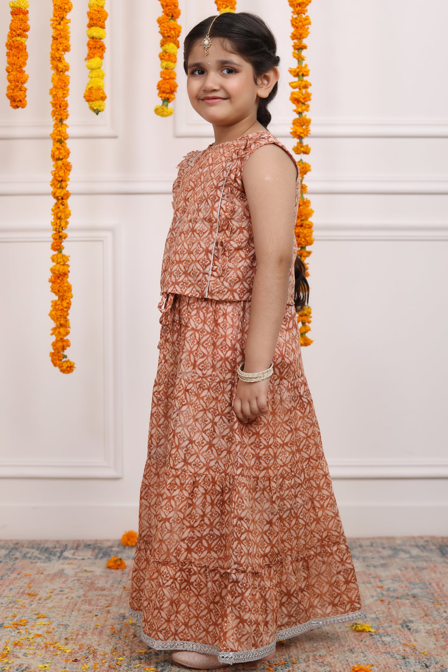 Girls Lehenga Set in Mulmul Cotton - Rust Brown