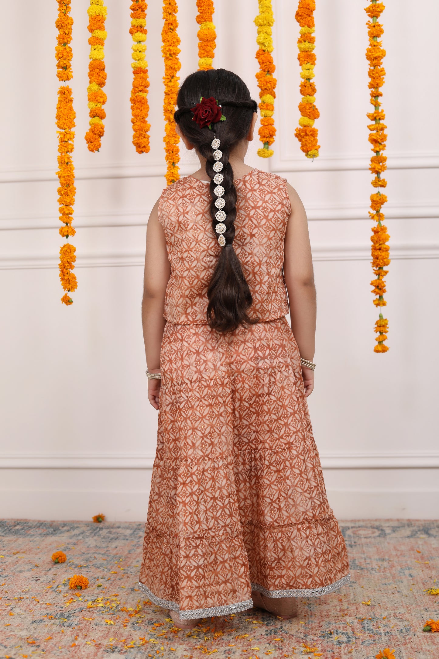 Girls Lehenga Set in Mulmul Cotton - Rust Brown