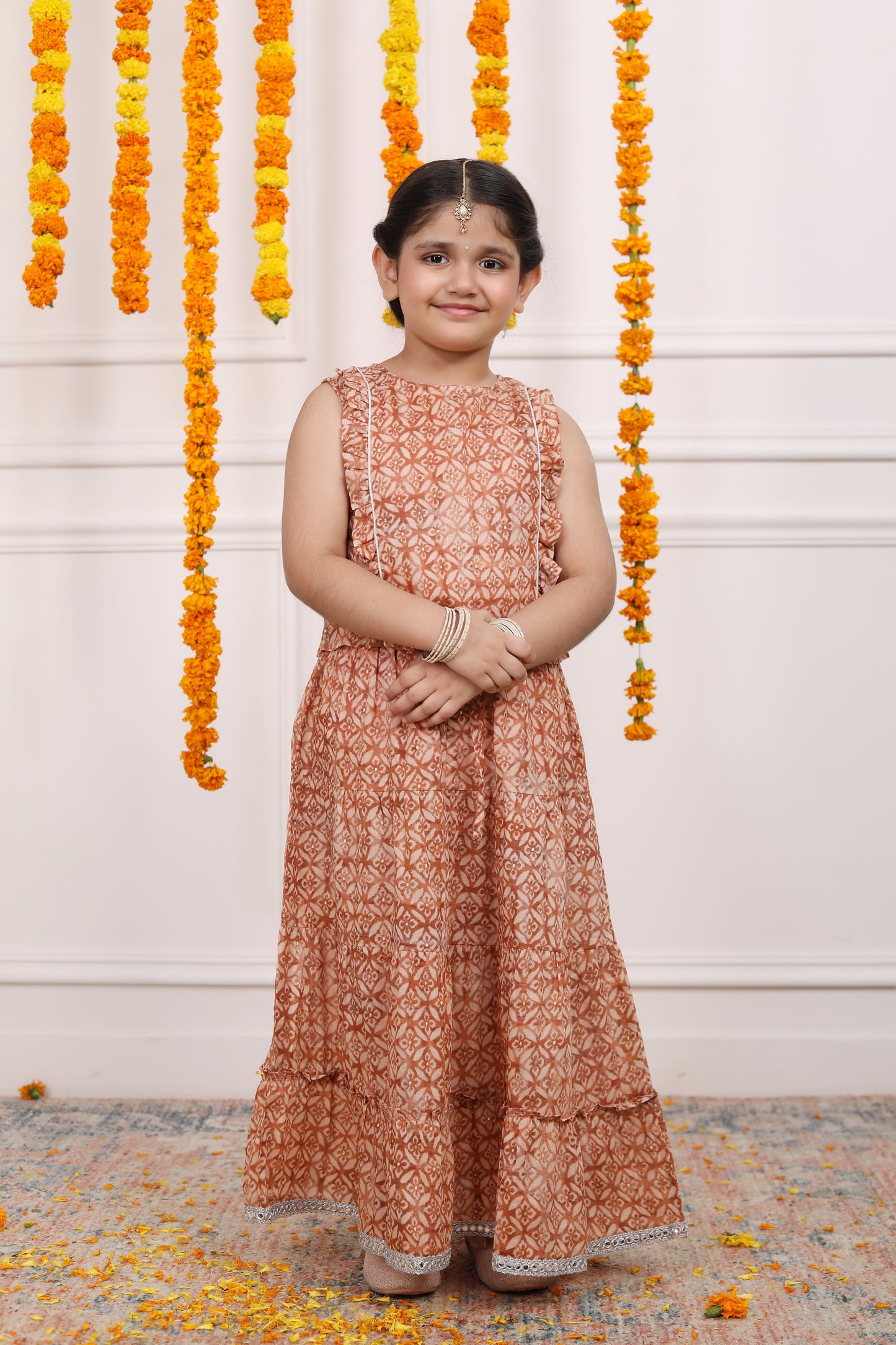 Girls Lehenga Set in Mulmul Cotton - Rust Brown