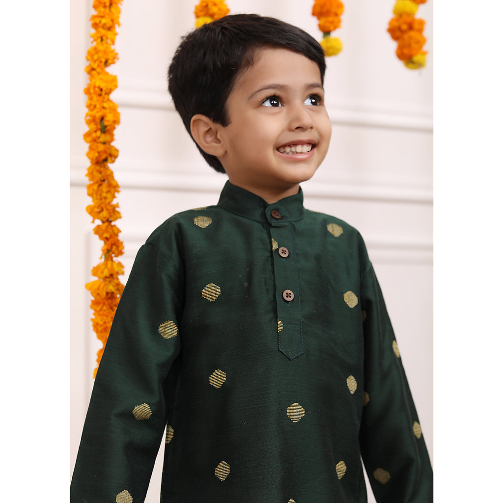 Boys Kurta Pyjama Set in Cotton Silk - Green