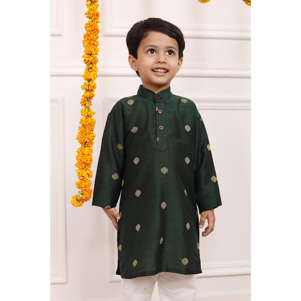 Boys Kurta Pyjama Set in Cotton Silk - Green