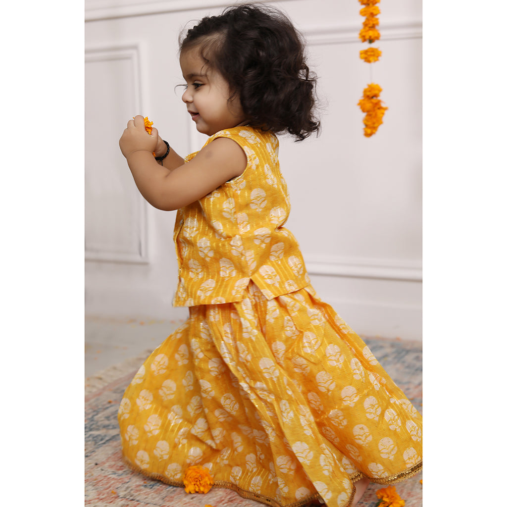 Chanderi Cotton Silk Infant Girls Lehenga Set - Yellow