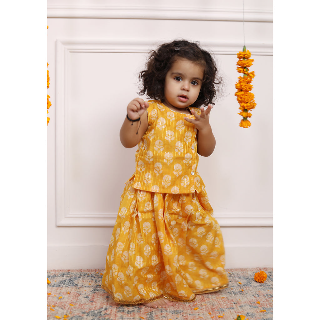 Chanderi Cotton Silk Infant Girls Lehenga Set - Yellow