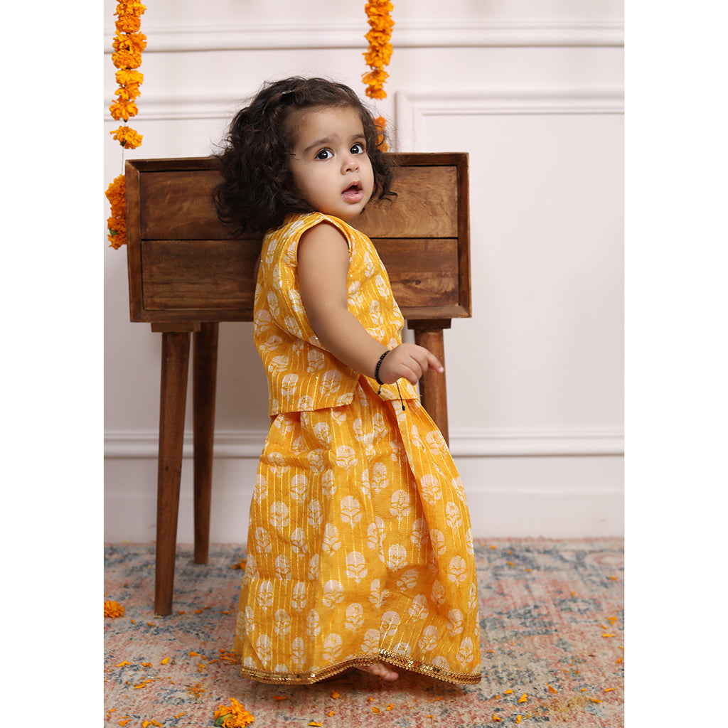 Chanderi Cotton Silk Infant Girls Lehenga Set - Yellow