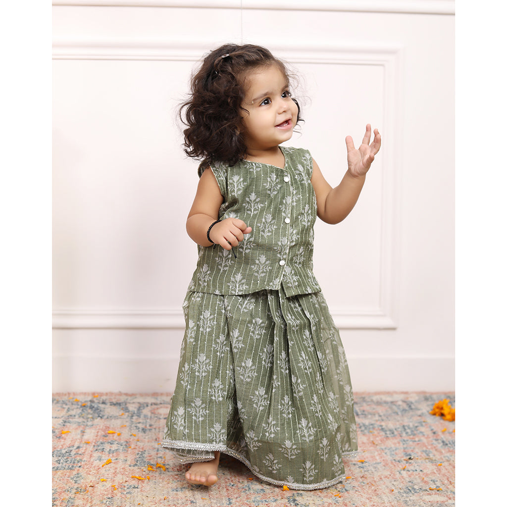Chanderi Cotton Silk Infant Girls Lehenga Set - Green
