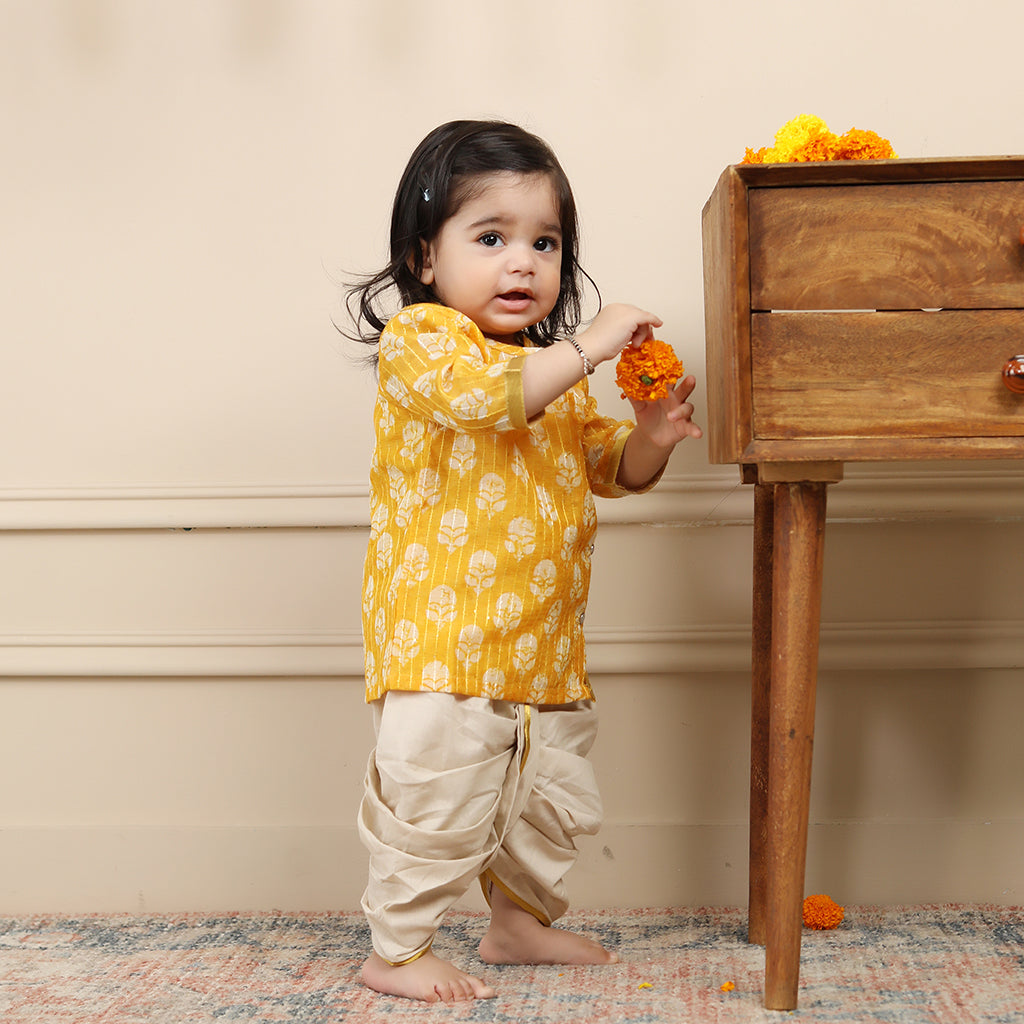Infant Dhoti Kurta Set in Chanderi Cotton Silk - Yellow