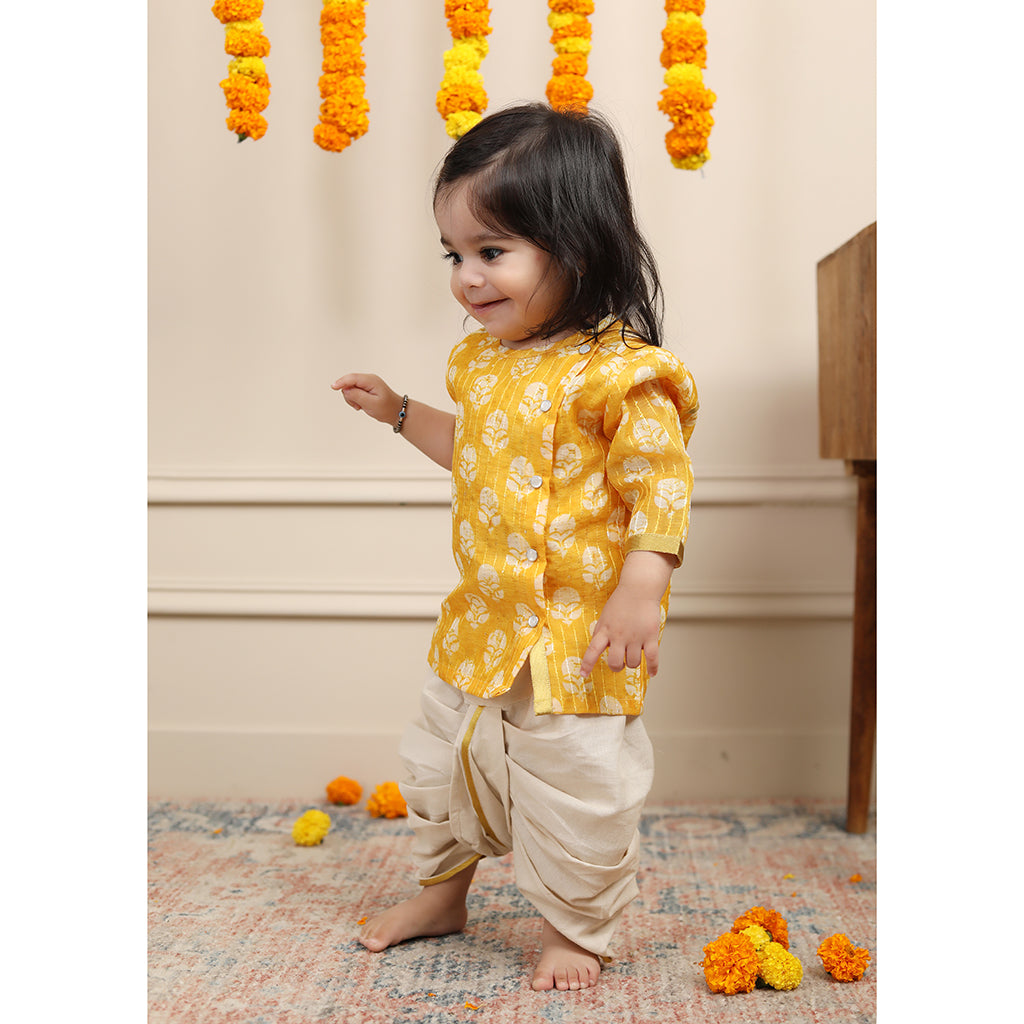 Infant Dhoti Kurta Set in Chanderi Cotton Silk - Yellow