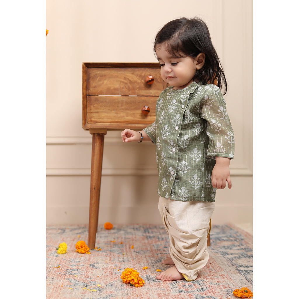 Infant Dhoti Kurta Set in Chanderi Cotton Silk - Green