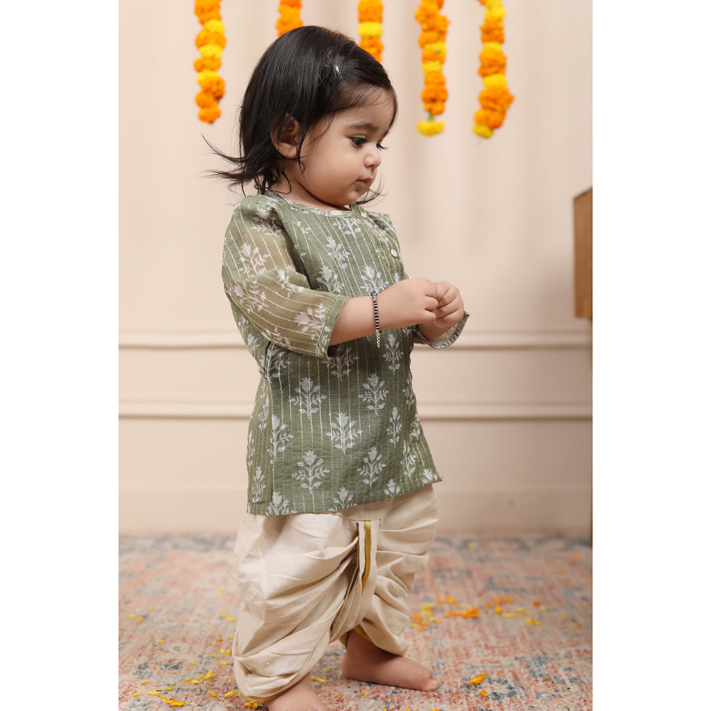 Infant Dhoti Kurta Set in Chanderi Cotton Silk - Green