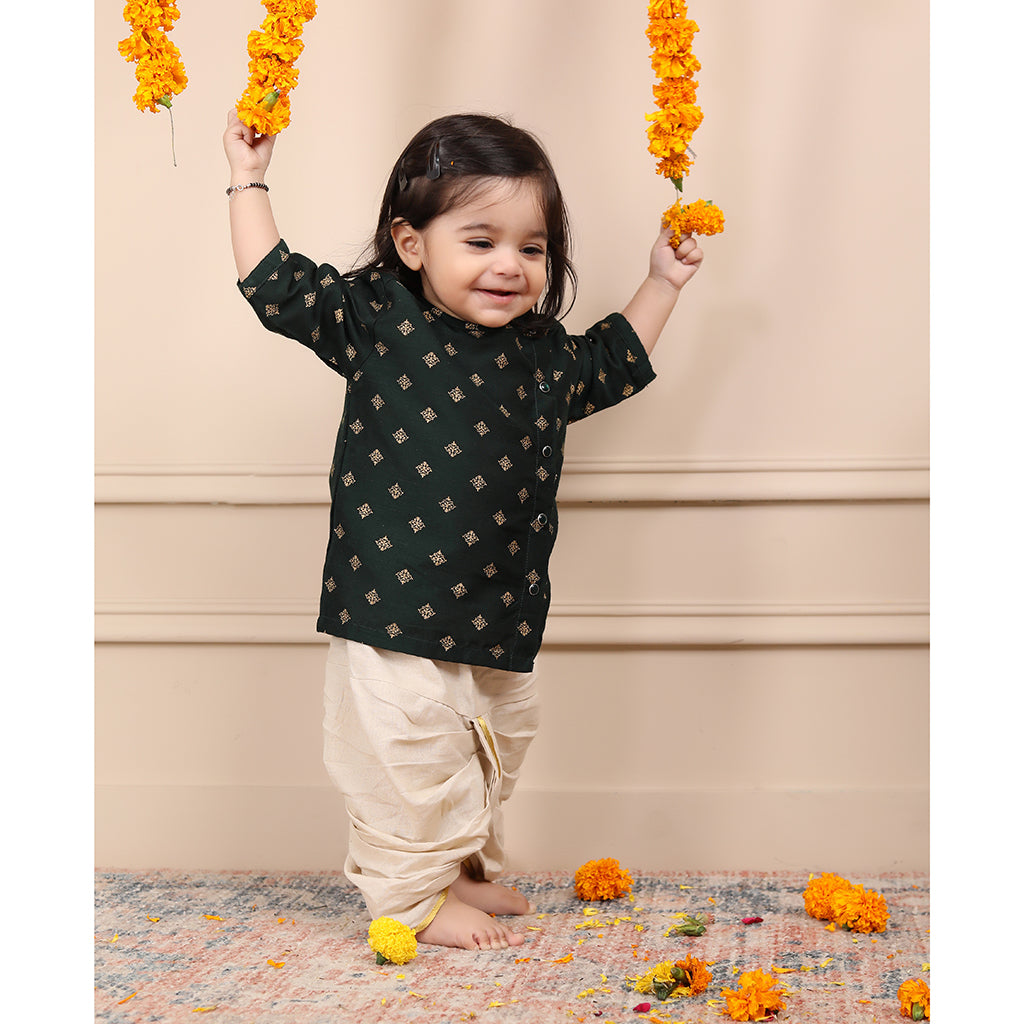 Infant Dhoti Kurta Set in Handwoven Cotton - Green