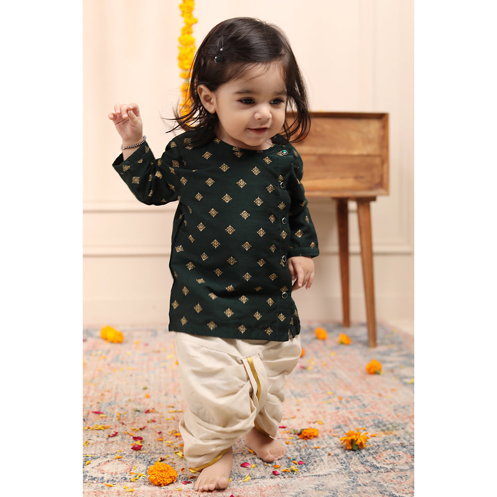 Infant Dhoti Kurta Set in Handwoven Cotton - Green