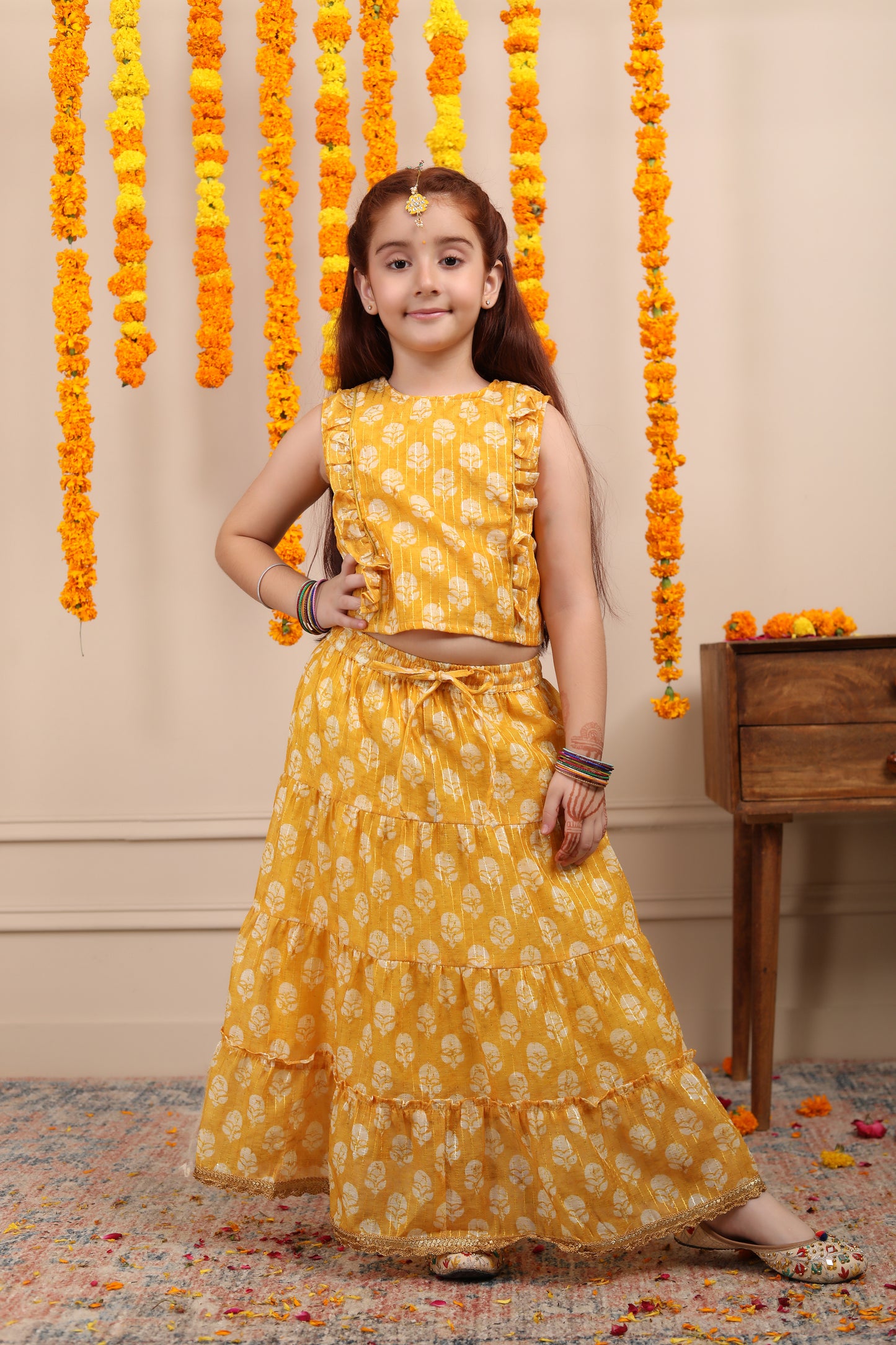 Girls Lehenga Set in Chanderi Cotton Silk - Yellow