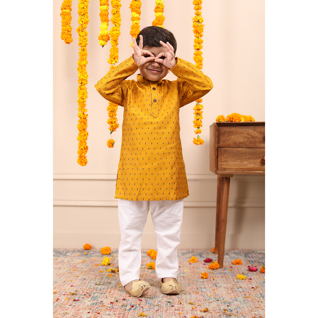Boys Kurta Pyjama Set in Cotton Dobby - Yellow
