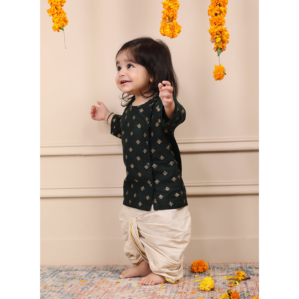 Infant Dhoti Kurta Set in Handwoven Cotton - Green