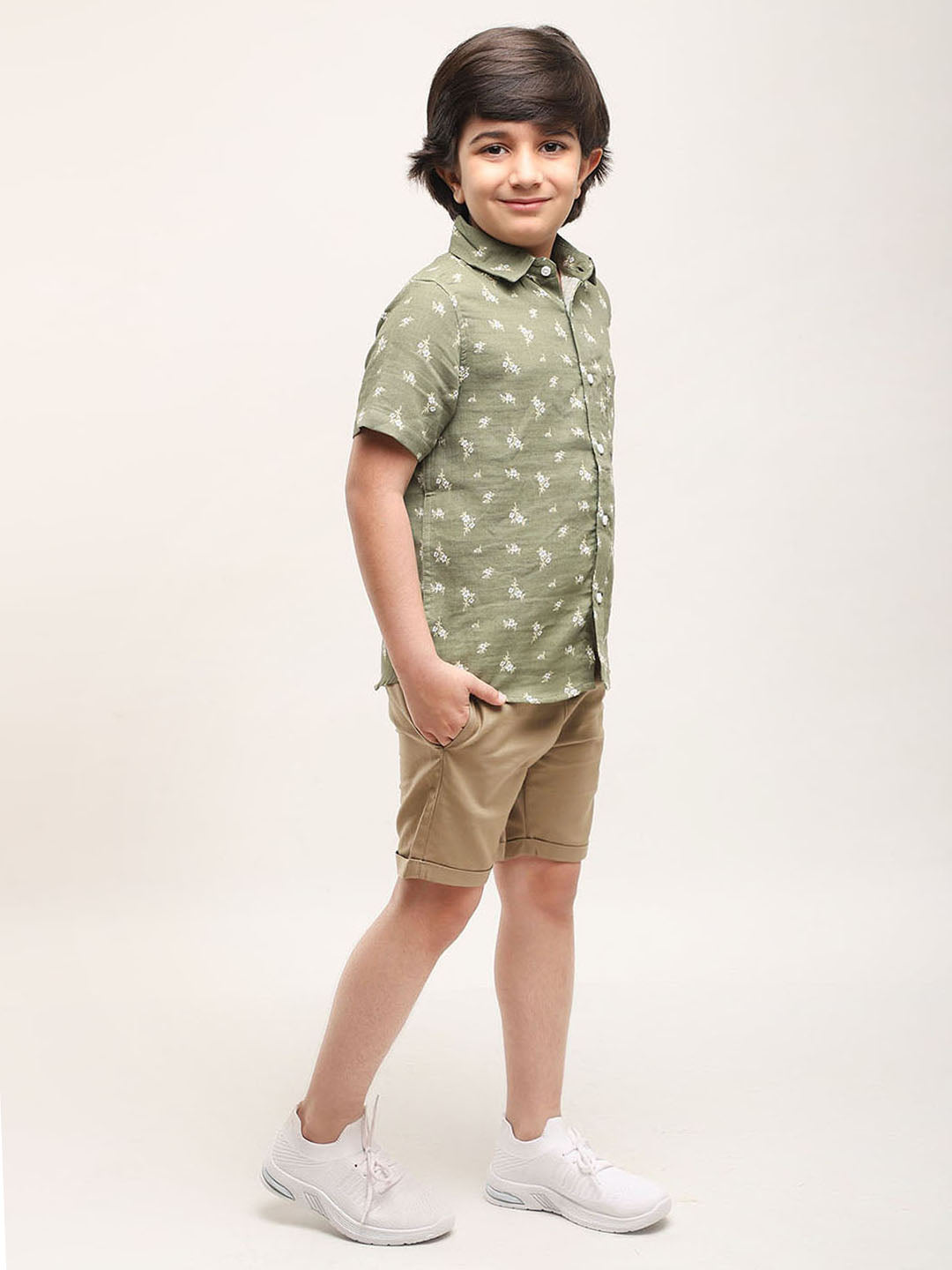 Floral Printed Shirt with shorts for Boys in Cotton Linen (Olive)