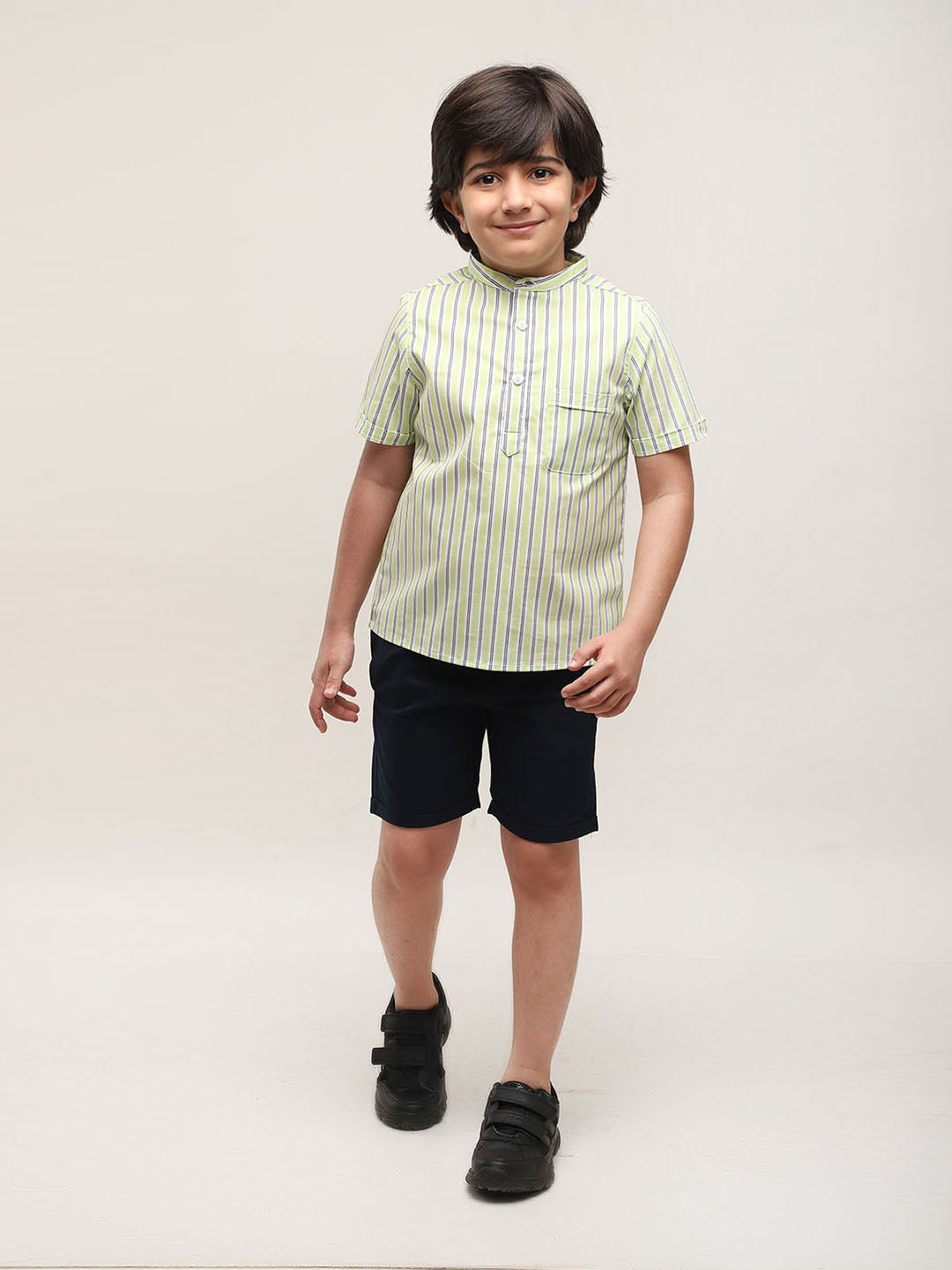 Mandarin Style Green Striped Shirt with Shorts