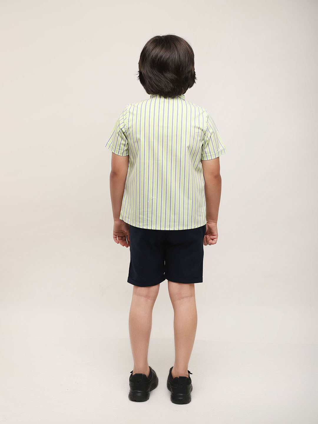 Mandarin Style Green Striped Shirt with Shorts